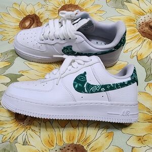 Nike Air Force 1 (Like New)White Sneakers with Green Paisley Swoosh